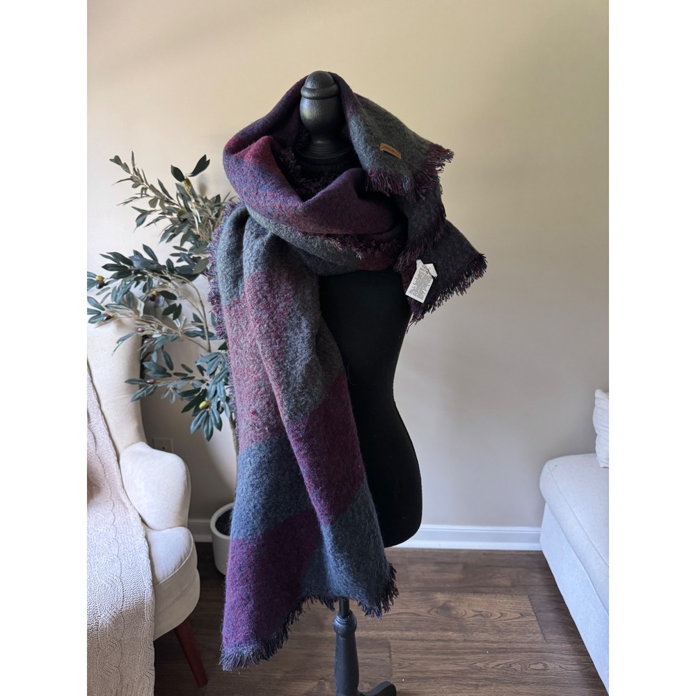 Eddie Bauer Oversized Blanket Scarf Plaid Burgundy Grey Frayed Edge Wrap Shawl